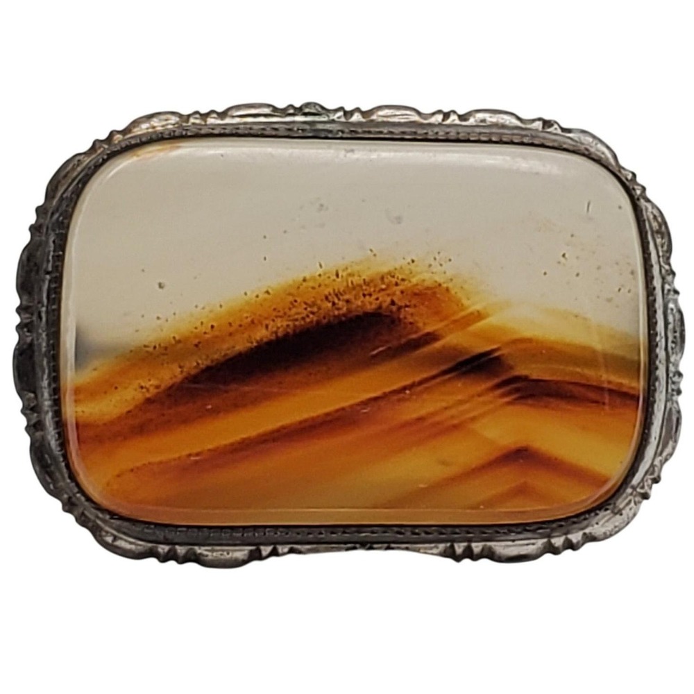 Sterling Silver Banded Landscape Agate Brooch Scenic Natural Stone Small Pin